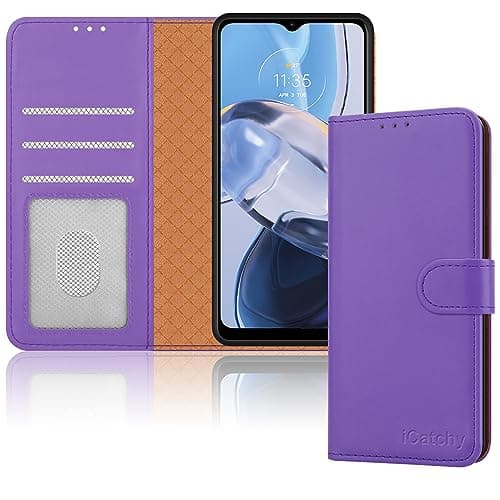 Image of iCatchy for Motorola Moto E22 Case, Leather Wallet Book Flip Folio Stand View Magnetic Protect RFID Blocking Cover compatible with Motorola E22 Phone (Lilac)