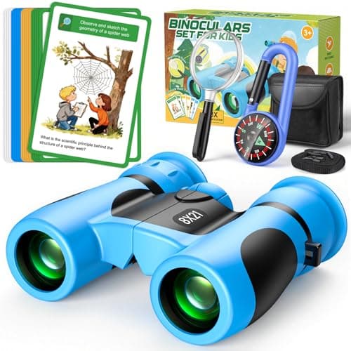 Image of Binoculars for Kids – Outdoor Explorer Kit with 25 Fun Cards, Compass & Magnifying Glass Gift for 3-12 Year Old Boys Toys Age 3-12 Garden Games for Football Matches, Hiking