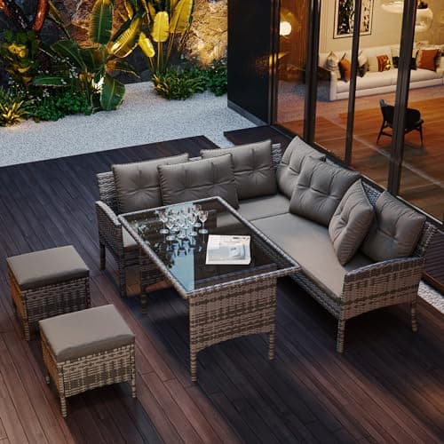 Image of ModernLuxe 6–7 Seater Garden Furniture Set, Rattan Outdoor Furniture, Patio Corner Sofa with Table and 2 Stools, Conservatory Lounge Set with Mixed Grey Wicker and Dark Grey Cushions