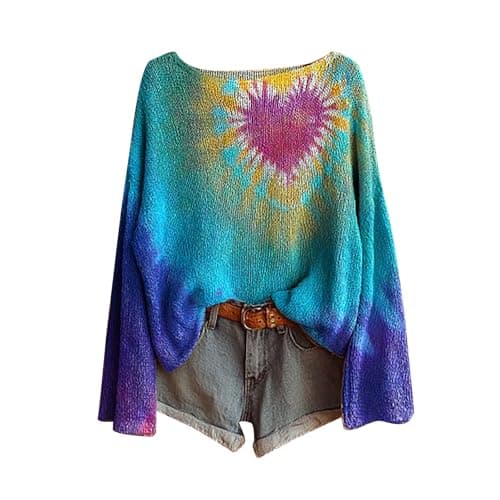 Image of Knitted Jumpers for Women Uk Ladies Vintage Boho Floral Crochet Sweater Oversized Boat Neck Long Sleeve Pullover Tops Lightweight Ribbed Knit Bohemia Blouse Sky Blue Style#1 Christmas Knitted Jumper S