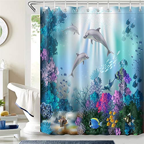 Image of LB Blue Long Shower Curtain for Kids 180x200cm- Shower Curtains Mould Proof Resistant Waterproof Fabric for Bathroom Wet Room Outdoor Garden Decor with Hooks (Cute Dolphin)