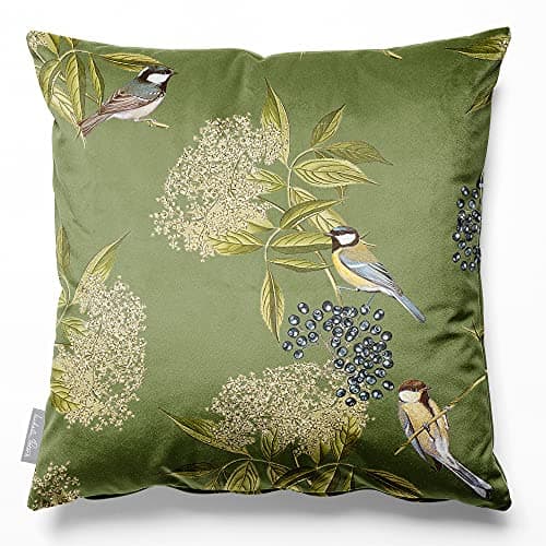 Image of Izabela Peters Eco-Friendly Velvet Cushions - 40 cm, Bird on Elderflower - Sage, Chair & Sofa Seat Cushions With Covers Included