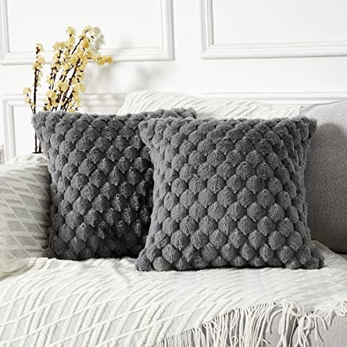 Image of YAERTUN Pack of 2 Decorative Faux Fur Grey Sofa Cushion Covers 45cm x 45cm 18x18 Inch Solid Square Throw Pillow Cases Soft Cozy Luxury Pillow Covers Couch Bed Livingroom