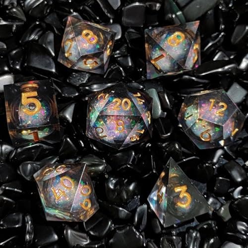 Image of ORUZA 7 PCS Liquid Core DND Dice Resin Sharp Edge Dice Polyhedral D&D Dice Set for Dungeons and Dragons RPG MTG Table Games (Liquid Quicksand Black Gold)