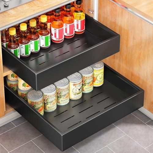 Image of SAYZH Pull Out Cabinet Organizer, Slide Out Drawer Storage Shelves for Kitchen Cupboard, Extendable Sliding Drawer, (43 CM Depth x 35 CM Width x 9CM Height)，No Need Drill and Nailing (Black)