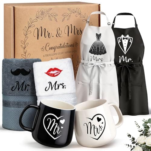 Image of TUZELIYA Best Romantic Wedding Gifts for Bride and Groom - Engagement Gifts for Newlyweds with Aprons, Coffee Mugs and 100% Cotton Towels - Couple Anniversary Birthday Gift for His & Hers Mr & Mrs