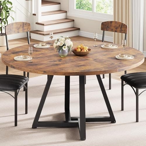 Image of Jocoevol Round Kitchen Dining Table for 4 People, Circle Dinner Table with Metal Frame, Space Saving Wood Industrial Furniture (Vintage, 47 inch