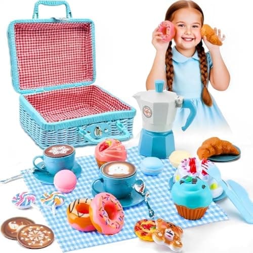 Image of Kids Tea Picnic Toy with Woven Basket,Pretend Role Play Toy,Play Food Sets for Children,Mini Afternoon Tea Party Set,Gifts Presents for 3-12 Years Toddler Girls & Boys Children (Blue)