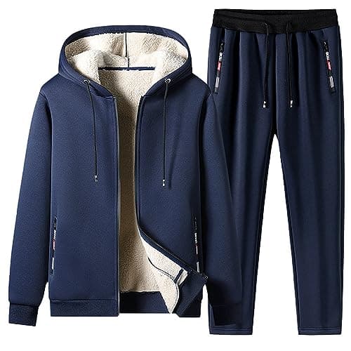 Image of Duohropke Men's Winter Warm Jogging Suit with Fleece Lined, Men's Sports Suit, Casual Hooded Jacket, Jogging Bottoms, Combination Piece, Sweat Jacket, Training Trousers Set, 05 Blue, XL