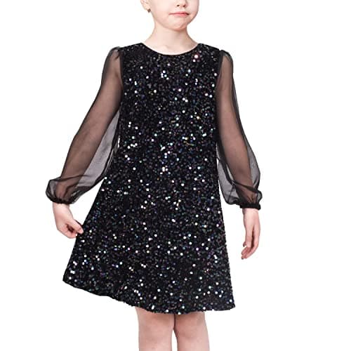 Image of Sunny Fashion Girls Dress Black Sequin Sheer Mesh Long Sleeve Party Elegant Ball Gown Age 8 Years