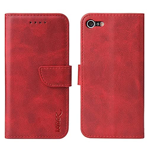Image of LOLFZ Wallet Case for iPhone 6 Plus 6S Plus, Vintage Leather Book Case with Card Holder Kickstand Magnetic Closure Flip Case Cover for iPhone 6 Plus 6S Plus - Red
