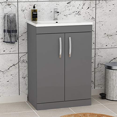 Image of Royal Bathrooms Turin Indigo Grey Gloss Floor Standing 2 Doors Vanity Cabinet Unit and Minimalist Sink Basin - 600mm