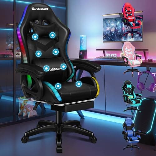 Image of ELFORDSON LED Gaming Chair with 8-Point Massage, Home Office Chairs with Head Pillow Lumbar Support, Video Game Chairs with Armrests Footrest, PU Leather, Black