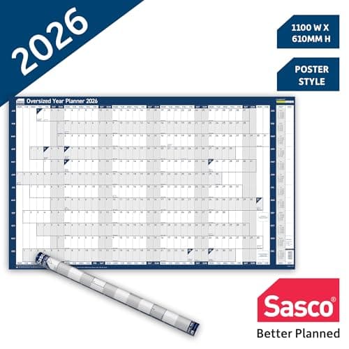 Image of Sasco 2026 Oversized Year Wall Planner – Year Calendar with Wet Wipe Pen & Stickers, 110x61cm, Blue – UK & ROI Holidays Marked – Large Wall Calendar for Office Spaces or Classrooms