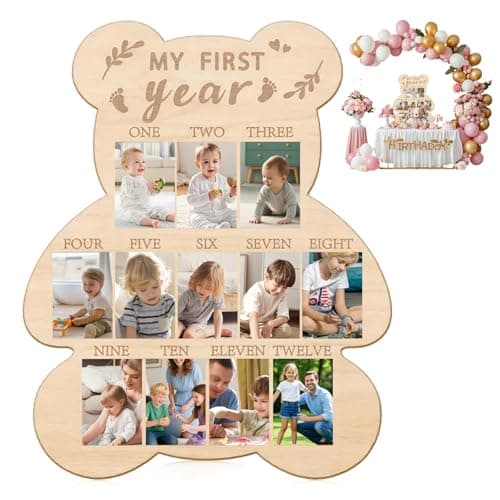 Image of My First Year Photo Frame, Adorable Bear Shape Baby Photo Frame Wood Board Personalized 12 Months Baby Photoes for Boy and Girl Nursery Decoration