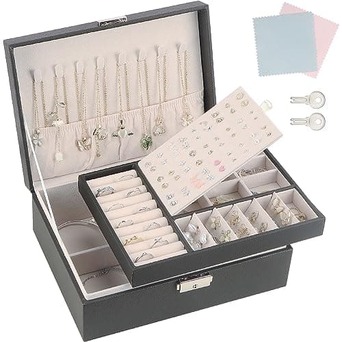 Image of TEIVUL Jewellery Box,2 Layer PU Leather Jewelry Box Organiser with 2 Keys,Suitable for Rings Earrings Necklaces Bracelets Accessories, Jewellery Box Gifts for Women Girls(Black)