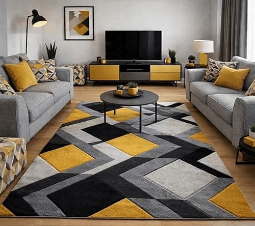 Image of Small Large Mustard Ochre Silver Grey Geometric Design Rugs Runners Mats (120x170cm)