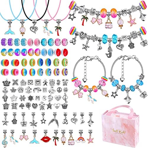 Image of Caffox 102 Pcs Charms Bracelet Making Kit, Necklace kit for Jewellery Making, DIY Jewellery with Flat Beads, Arts and Crafts Sets as Bracelets for Gift and Christmas