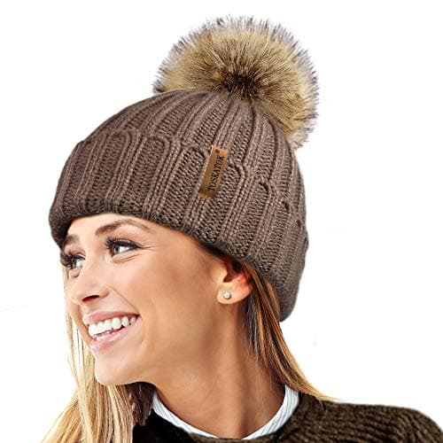 Image of TOSKATOK®Womens Warm Winter Hat Woolly Knitted Beanie with Detachable Chunky Faux Fur Bobble Pom Pom-Mink