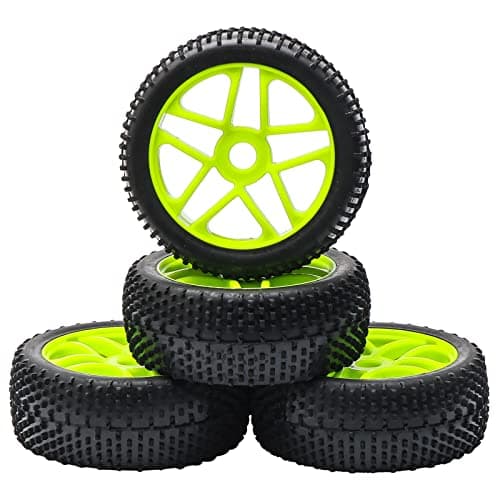 Image of Green RC 1:8 Off-Road Racing Car Rubber Tyre 5 Spoke Tires & Plactic Wheel Rim for HSP Buggy Car Pack of 4