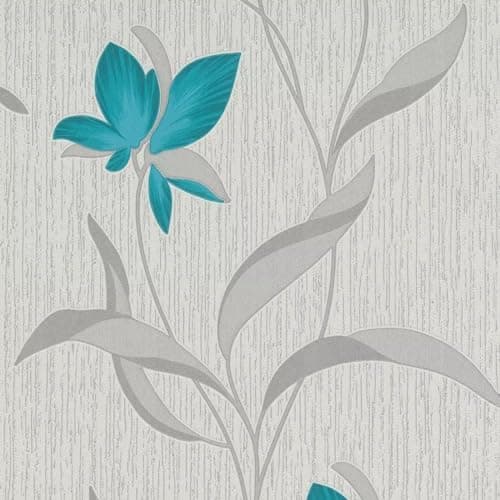 Image of Erismann Flower Wallpaper Floral Textured Glitter White Teal Silver Vinyl