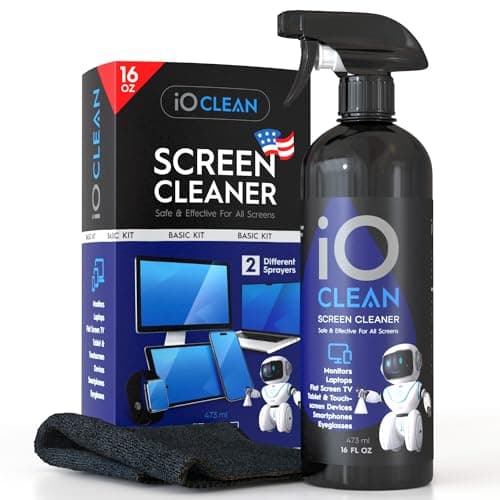 Image of iO Clean Screen Cleaner Spray (16oz - 473ml) – Professional Cleaning Kit for LCD LED OLED TV, Smartphone, iPad, Laptop, Touchscreen and Computer Monitor – Includes 2 Sprayers & Microfibre Cloth