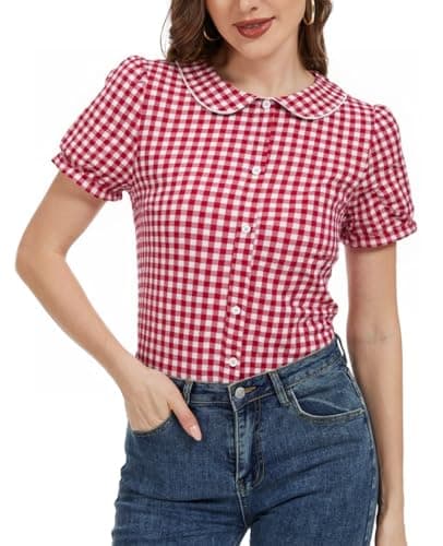 Image of MINTLIMIT Women's Summer Gingham Blouse 2026 Plaid Top Short Sleeve Button Down Peter Pan Collar Shirt Red