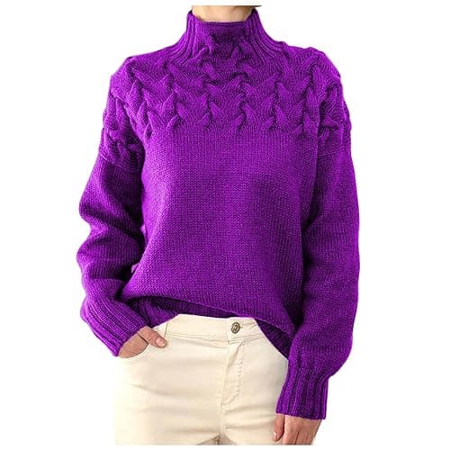 Image of RLEHJN Cable Knit Jumper Women UK Clearance Chunky Knit Jumpers Plain Turtleneck Sweater High Neck Knitted Jumpers Solid Color Knit Tops Long Sleeve Pullover Knitwear Ladies Jumpers