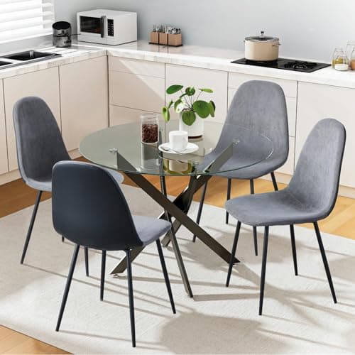 Image of GOLDFAN Tempered Glass Dining Table and Chairs Set 4 Round Kitchen Table Silver Legs with Velvet Chairs 100CM Dining Table Set, Grey