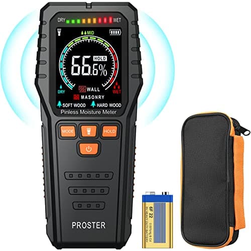 Image of Proster Pinless Moisture Meters - with Backlit LCD Screen Non-Invasive Damp Meter Detects up to 3/4-Inch Below Surface for Non-Destructive Moisture Detection Wallboard Masonry Hardwood and Softwood