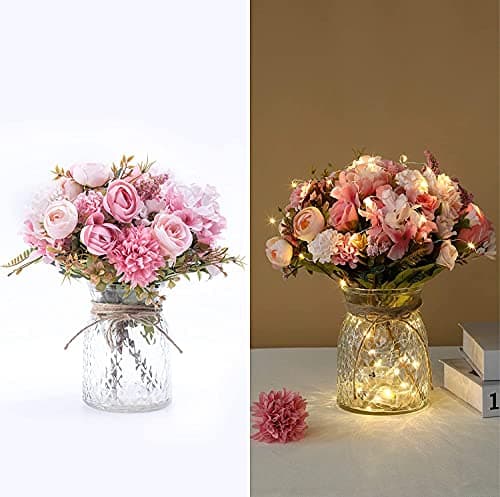 Image of KELINGO Artificial LED Pink Rose Flowers with Glass Vase, Flower Arrangement for Table Centerpiece, Home Office Wedding Decoration