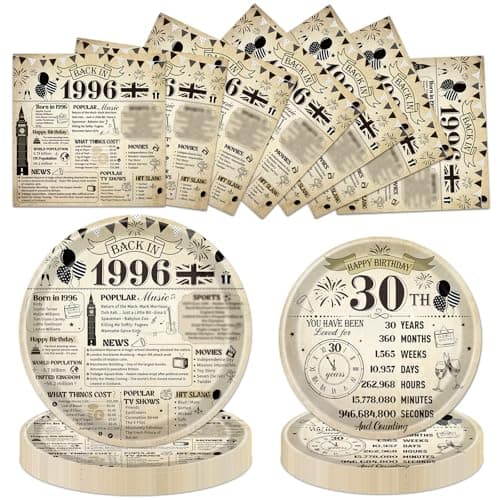 Image of Eiapadeor 30th Birthday Decorations Tableware Set - 72 Pcs 30th Birthday Party Plates and Napkins Back in 1996 Vintage Themed Disposable Plates Set for Women Men Her 30 Year Old Party Supplies
