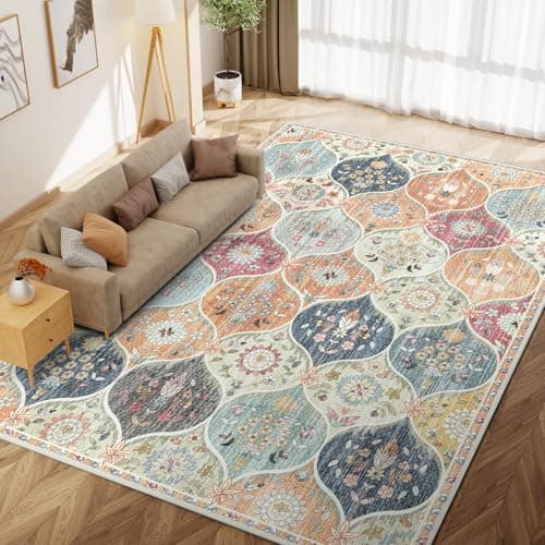 Image of IKALIFE Orange Rugs for Living Room - 120x170 cm Machine Washable Soft Low Pile Non-Slip Vintage Floral Print Area Rugs for Bedroom Lounge Dining Room, Non-Shedding Stain Resistant Carpet