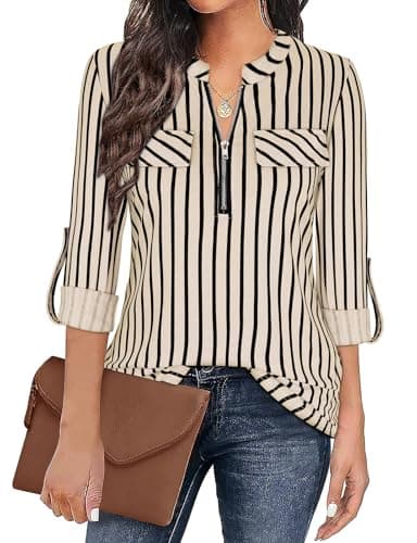Image of Gemulate Khaki Striped Shirt for Women Ladies Tops Womens Zip Up Plaid Tunic Blouse Long Sleeve Polo Top Floral Printed Shirts Long Tops to Wear with Leggings - Black Khaki Stripe, M