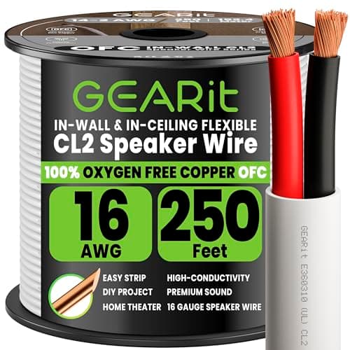 Image of GearIT 16/2 Speaker Wire (250 Feet) 16AWG Gauge - in Wall Audio Speaker Wire Cable / CL2 Rated / 2 Conductors - OFC Oxygen-Free Copper, White 250ft