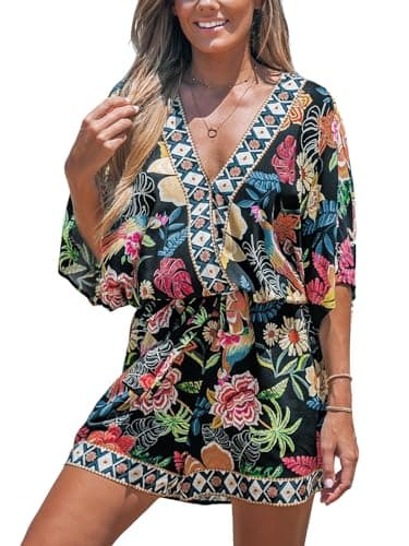Image of CUPSHE Women Jumpsuit V Neck Lace Up Romper Paisley Print Dolman Sleeves Short Wide Leg Summer Casual Overall Playsuit Black/Red M