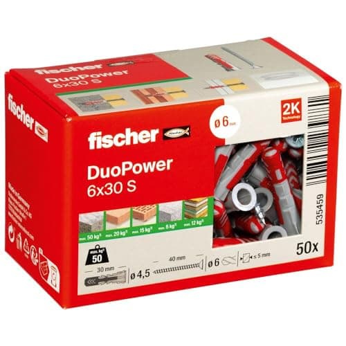 Image of fischer DuoPower 6 x 30 S, powerful universal plug with safety screw, intelligent 2-component technology for fastenings in concrete, bricks, stone, gypsum plasterboard, etc., 50 plugs & 50 screws