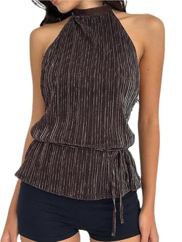 Image of Women's Summer Halter Neck Vest Sexy Sleeveless Tie-up Open Back Side Tie Blouses Y2k Cami Shirt Streetwear (Dark Brown, M)