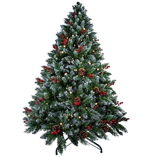 Image of himaly Upgraded Hinged 5FT Artificial Christmas Tree for Holiday Decoration w/Snow Flocked Tips, Pine Cones, Red Fruit, Copper Wire Lamps 1.2M/240 lamp