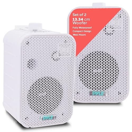 Image of Pyle Dual Waterproof Outdoor Speaker System - 5.25''/13.3cm, Pair of Weatherproof Wall/Spring Loaded Speaker Terminal w/Heavy Duty Grill, Universal Mount, For Pool, Patio, & Indoor Use (White)