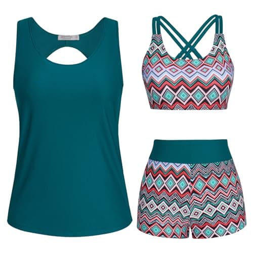 Image of JASAMBAC Tummy Control Swimwear,3 Piece Tankini Modest Swimsuit for Women Bikini Swimming Costume Tank Top with Bikini Top Swim Shorts