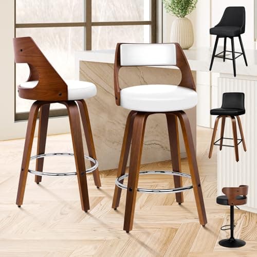 Image of ALFORDSON Bar Stools Set of 2, Adjustable Barstools PU Leather, 360° Swivel Wooden Kitchen Chair with Backrest and Footrest, for Dining Room Pub Bar Countertop, 150KG Loads, White