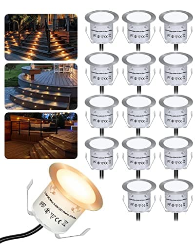 Image of HIBOITEC 16PCS Decking Lights, Warm White Deck Lighting IP67 Waterproof, 0.6W 12V Low Voltage Plinth Lights for Kitchen,Yard, Garden Steps, Patio, Stair,Driveway