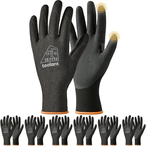 Image of toolant 6 Pairs Work Gloves MicroFoam Nitrile Coated, 15 Gauge Breathable Nylon with Grip in Wet & Oily Condition,Touchscreen,Certified Working Gloves Bulk for Gardening,Warehouse,Automotive,Black,XXL