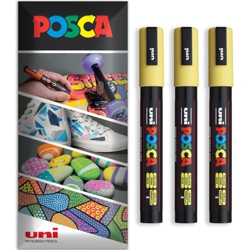 Image of Posca Water Based Acrylic Paint Marker Pens | Multi Surface Use Permanent Paint Pen | Pack of 3 Pens in Envelope Gift Packaging | Glass, Fabric, Canvas, Wood etc | PC-5M, Yellow
