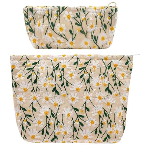 Image of Aucuu Cosmetic Bag, 2 Pack Floral Embroidery Toiletry Bags, Multifunctional Travel Makeup Bag, Floral Cosmetic Bag, Portable Pouch Purse Case for Women, Girls, Travel-Beige