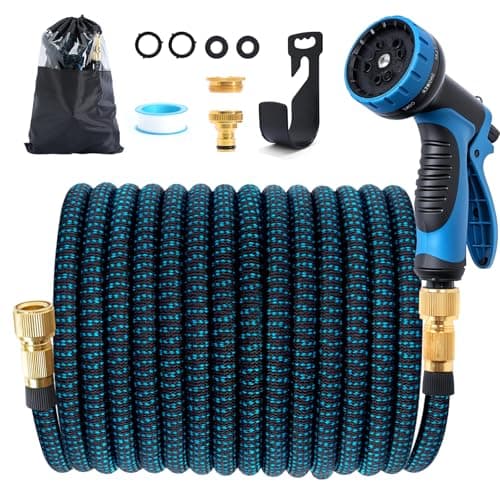 Image of Jsdoin Expandable Garden Hose Pipe 15m/50ft, Flexible Expanding Magic Hose with 3/4", 1/2" Fittings, 10-Function Hose Pipe Spray Gun for Gardening and Car Washing
