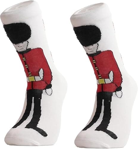 Image of Fun London Themed Crew Socks, Colourful, Stylish, Comfortable (UK, Alpha, One Size, Regular, Regular, One Size, White Royal Guard London)