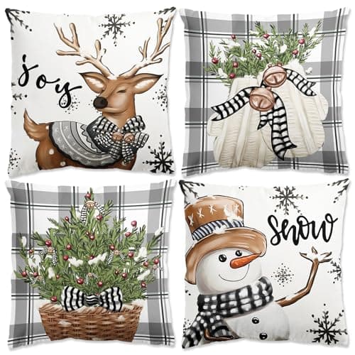 Image of Christmas Cushion Covers - Christmas Decorations Pillow Cases 45 x 45cm Set Of 4 Grey And White Throw Pillow Cover, Snowflake Stag Cushions Xmas Cushion Covers For Home Sofa Living Room Decorations