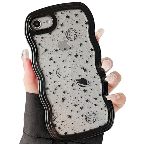 Image of ZTOFERA Wavy Case for iPhone 7/8/SE 2020/SE 2022, Cute Clear Protective Case with Planet Star Moon Pattern, Hard PC Colored Wave Frame Soft Silicone Bumper Shockproof Cover for Girls Women, Black